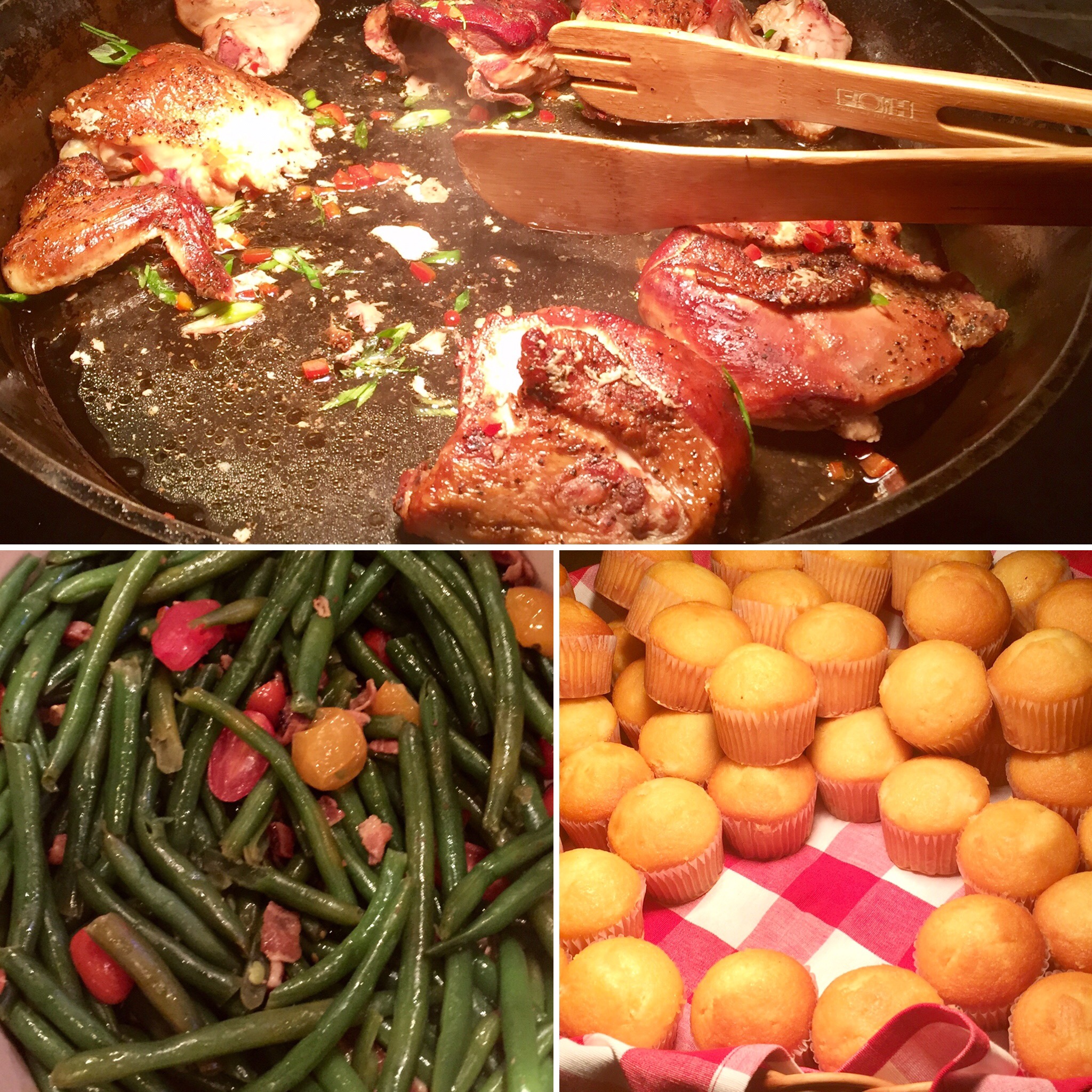 Roast chicken, green beans with bacon, and corn bread